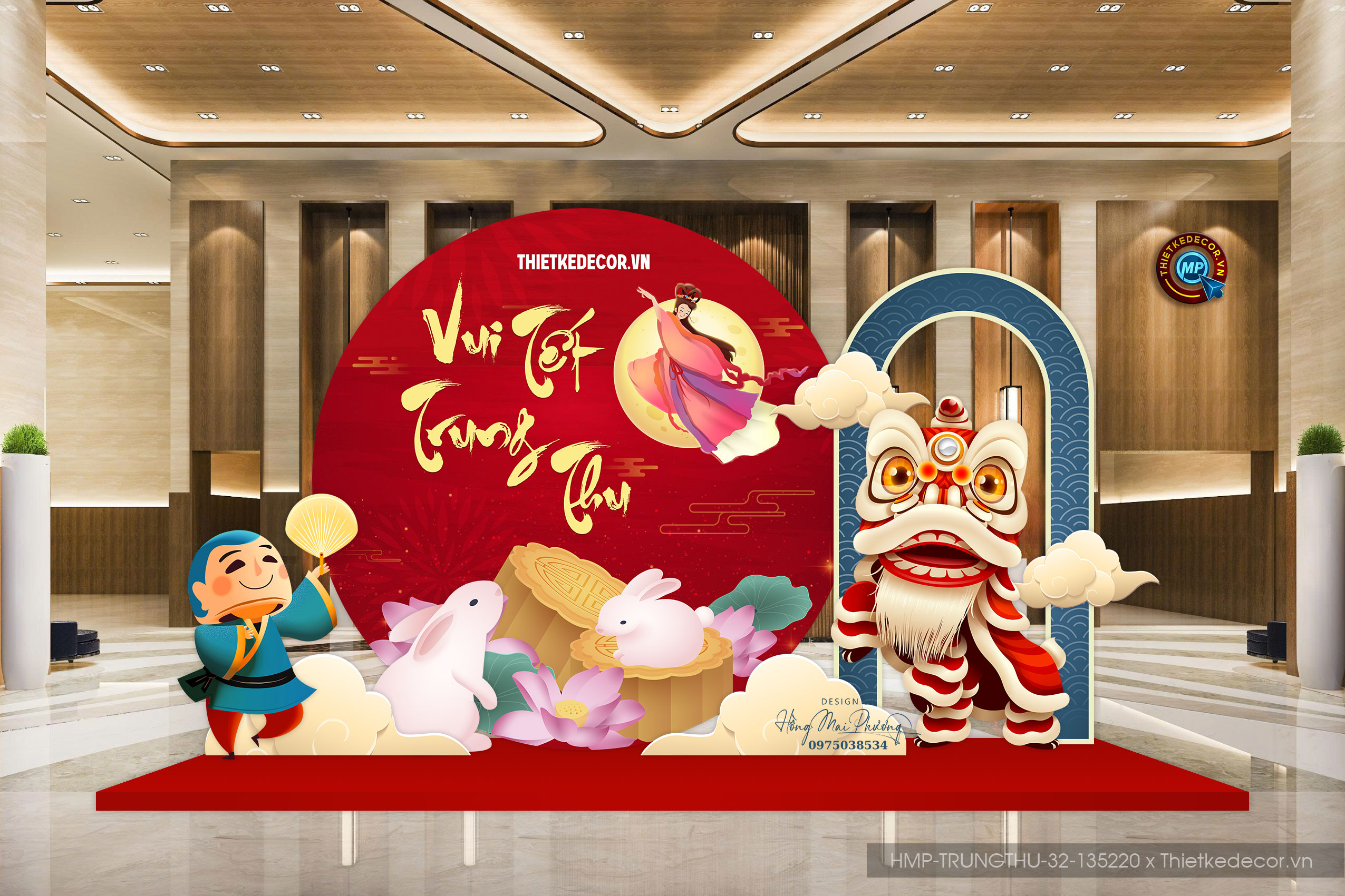 Trang trí backdrop trung thu tone đỏ mix xanh cổ vịt